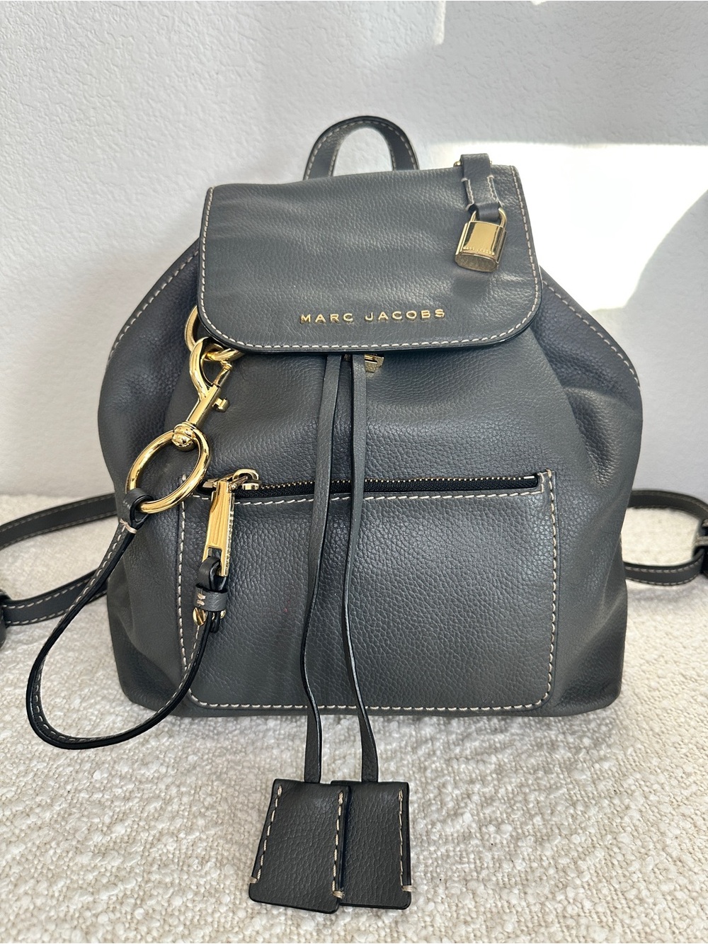 Marc Jacobs Pebbled Leather Backpack Charcoal Gray Gold Hardware
